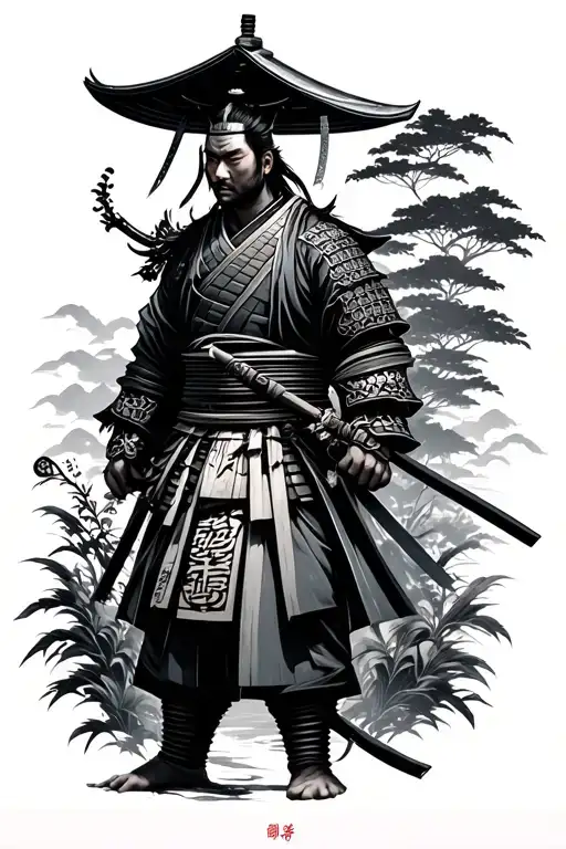 Samurai With Japanese Architecture And Vegetation