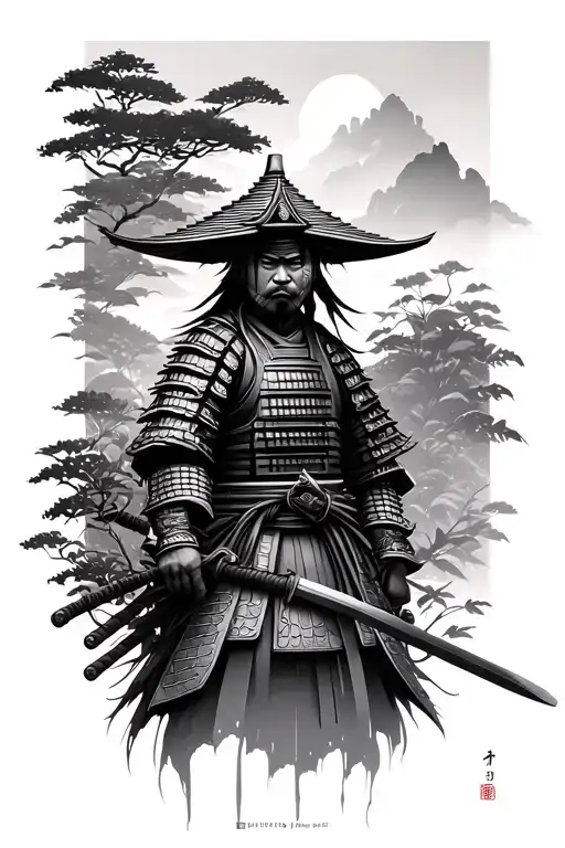 Samurai With Japanese Architecture And Vegetation