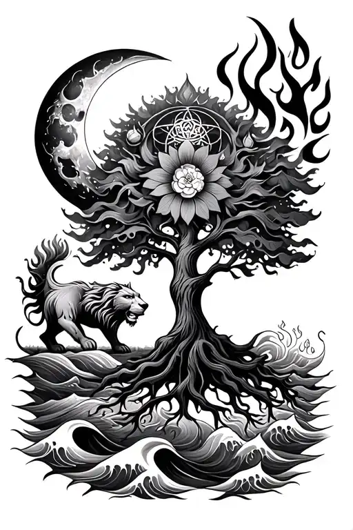 Trishul And Sun And Moon And Tree Of Life With Roots And Flower Of Life And Fire Lion And Waves