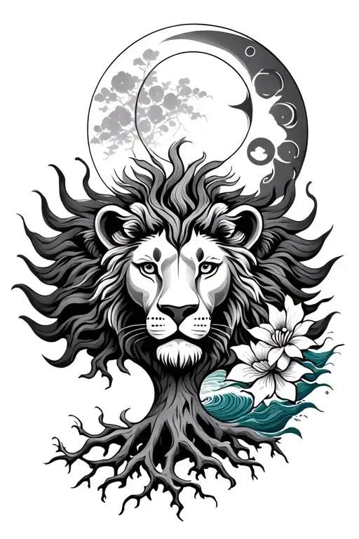 Trishul And Sun And Moon And Tree Of Life With Roots And Flower Of Life And Lion Face And Waves