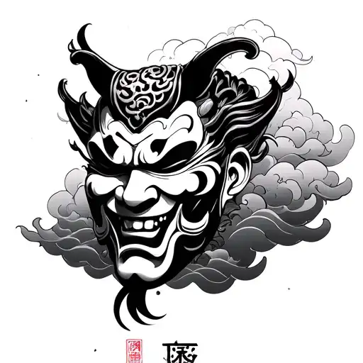 Hannya Mask With Japanese Cloud Backround Sleeve
