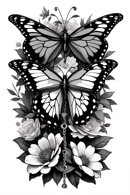 Several Butterfly With Flowers And A Large Rosary