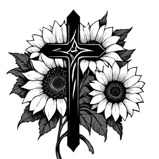 Cross And Sunflowers Behind