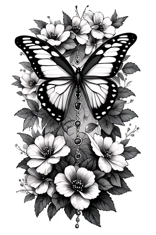 Several Butterfly With Flowers And A Large Rosary