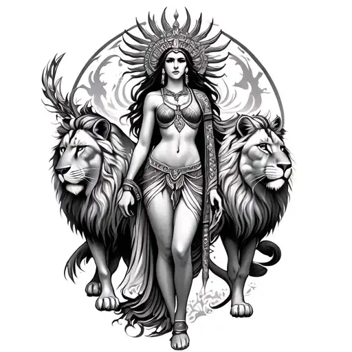 Goddess Ishtar Full Body With Lions