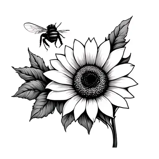 Black And White Sunflower And A Coloured Bee