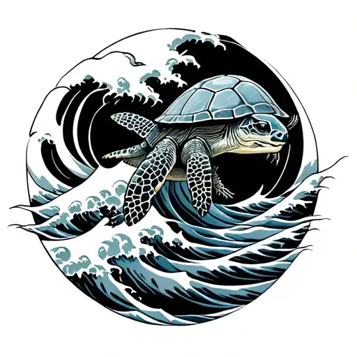 A Japanese Wave Design With A Turtle On It