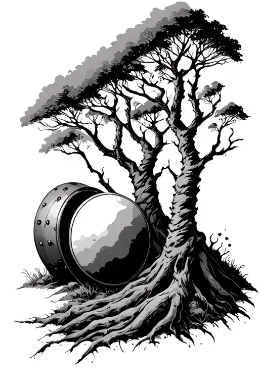 Three Trees With A Round Shield Nearby