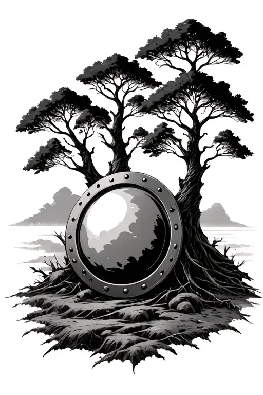 Three Trees With A Round Shield Nearby