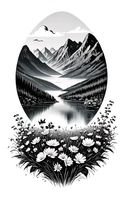 Meadow With Flowers And Lake Surrounded By Mountains