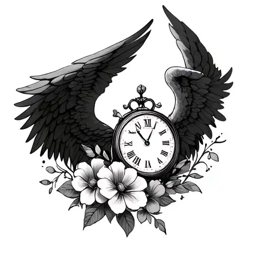 Angel Wings With Flowers And Clock Face