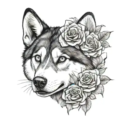 Husky Head With Roses Blooming