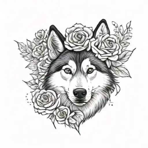 Husky Head With Roses Surrounding
