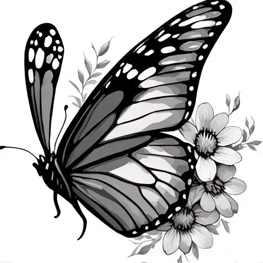 Half Butterfly Wing With Flowers Growing