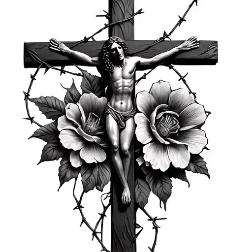 Crucifix With Barbed Wire And A Flower