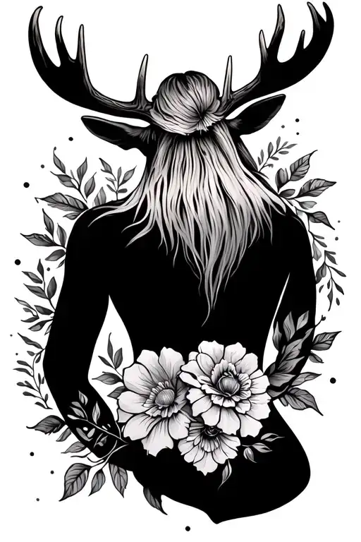 Floral Back Tattoo Incorporating A Moose Antler