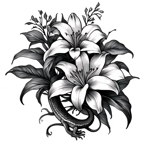 Small Detailed Rib Cage Tattoo With Lilies And A Lizard
