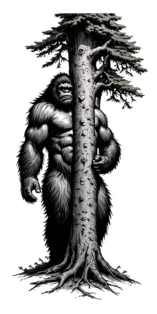 Bigfoot Standing Behind Tree Peeking The Top Of Tree