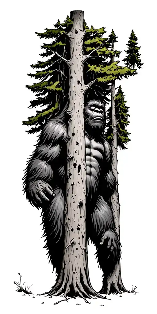 Bigfoot Standing Behind 2 Tree Peeking The Top Of Tree