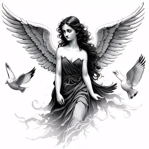 Female Angel With Wings And Doves Flying