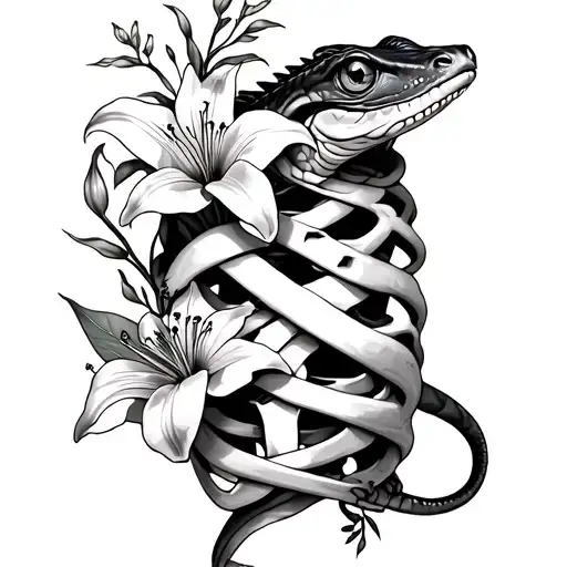 Small Ribcage Wrapped Around With Lilies And A Lizard Detailed