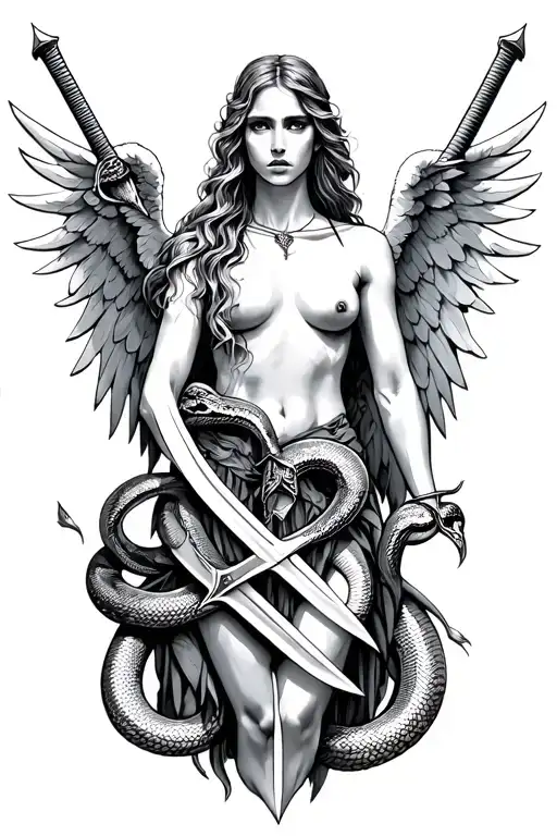 Wounded Angel With Swords And Snakes
