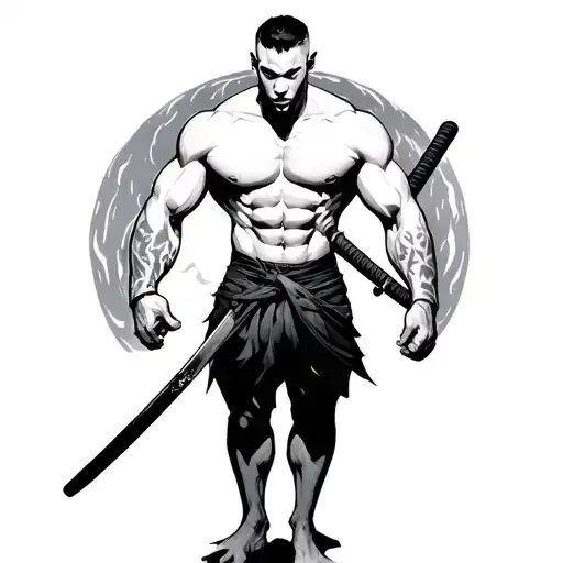 Standing With Katana Without A Shirt With Short Hair With Big Muscles