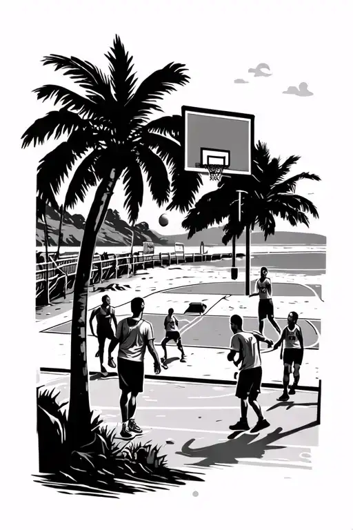 Basketball Court On The Beach Scene With Players And Realistic Look