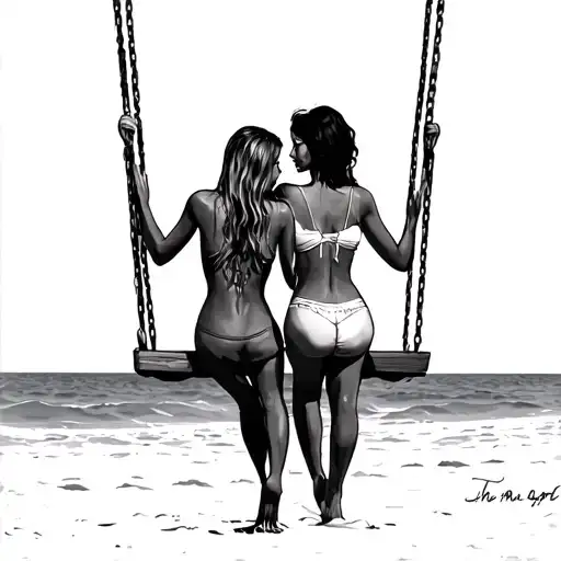 Two Women On Beach Swing Looking