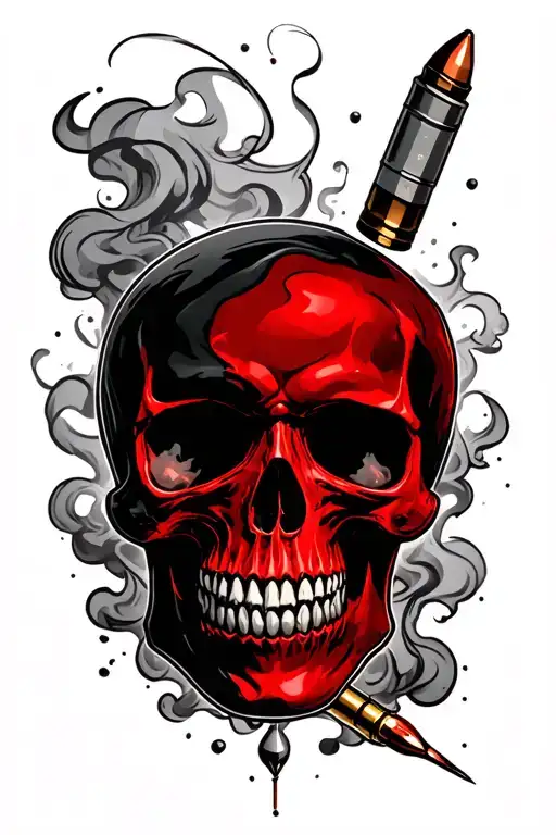 Black And Red Skull With Smoke Forming And A Bullet In The Moutg