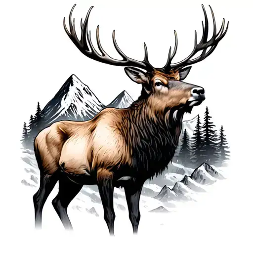 Elk And Mountains Realism Style