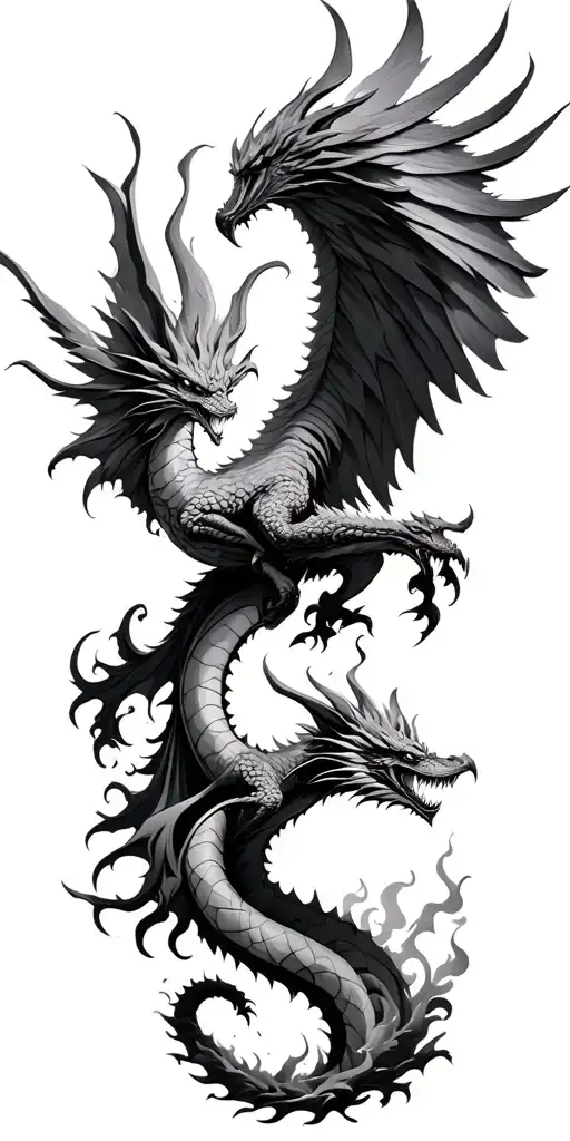 Dragon And Phoenix Rising From Ashes