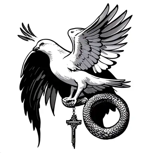 Dove With Wing Wide Open And A Snake Hanging From Its Bottom To Make A Crucifix
