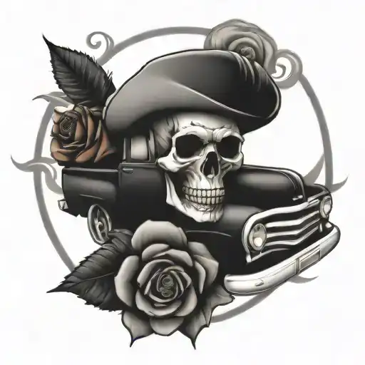 Skull And Roses And Old Truck With Ford Symbol Made