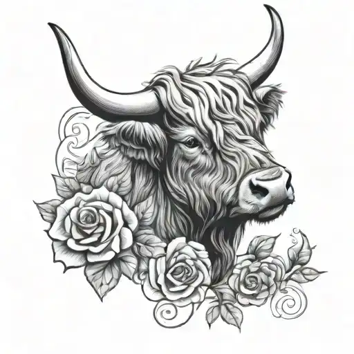 Highland Cow Playing Harp With Rose