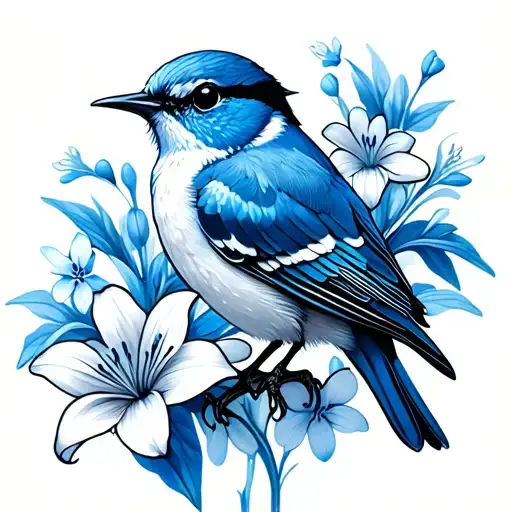Blue Wren With Funeral Lilies And Forget-me-nots