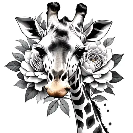 Giraffe With Peonies Flowers