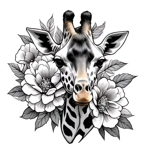 Giraffe Head Coming Out Of Peonies Flowers