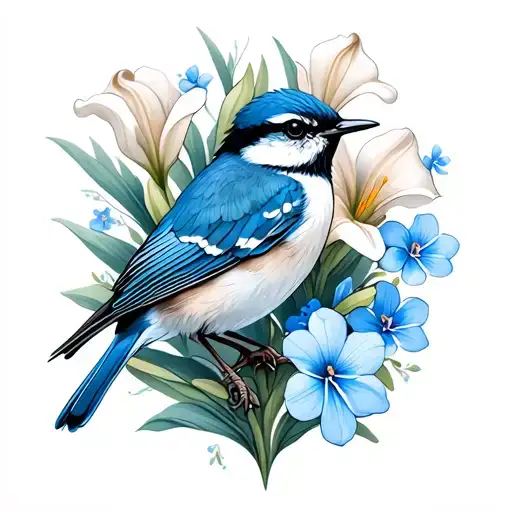 Blue Wren With Calla Lilies And Forget-me-nots