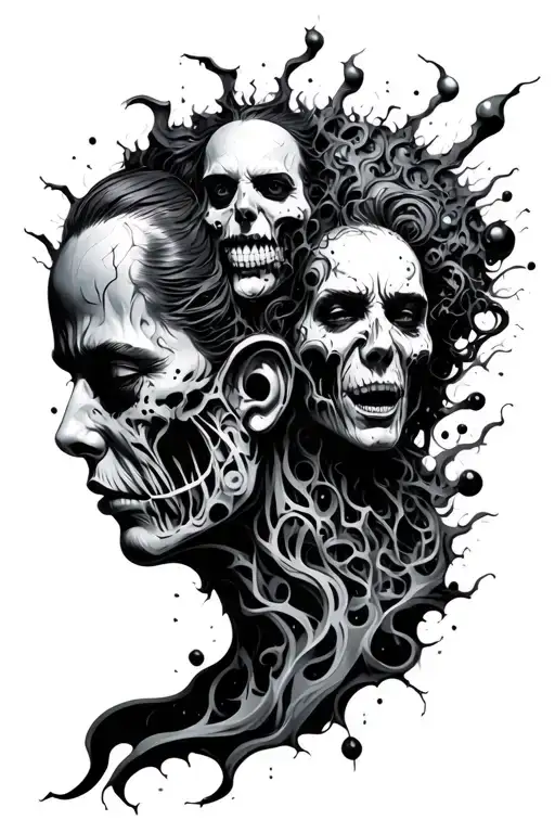 Chaotic Imaginary World With 3 Characters Out Of A Human Head From The Front