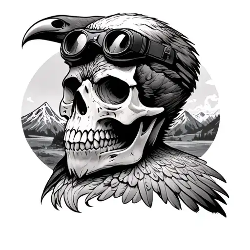 Skull With Night Vision Goggles Eagle Resting On Skull With Mountains In The Background