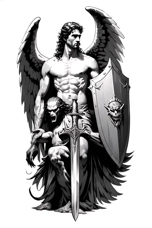Archangel Gabriel Without A Shirt With His Sword And Shield Stripping The Demon