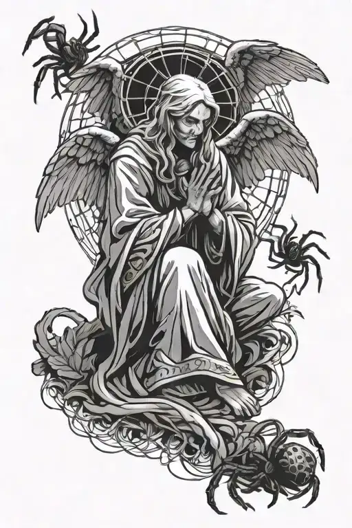 Angel Praying Hands And Spider Weeving Web Design