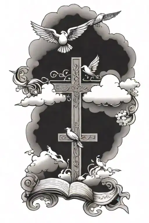 Cross With Clouds And 5 Birds And A Bible Quote About Family