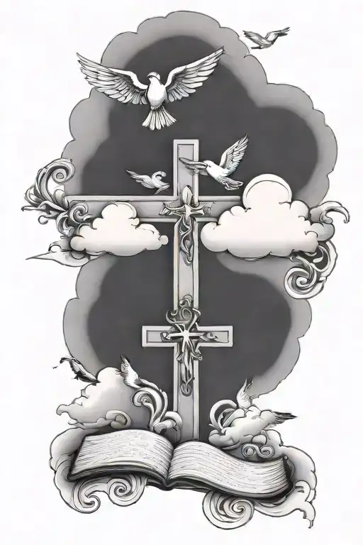 Cross With Clouds And 5 Birds And A Bible Quote About Family