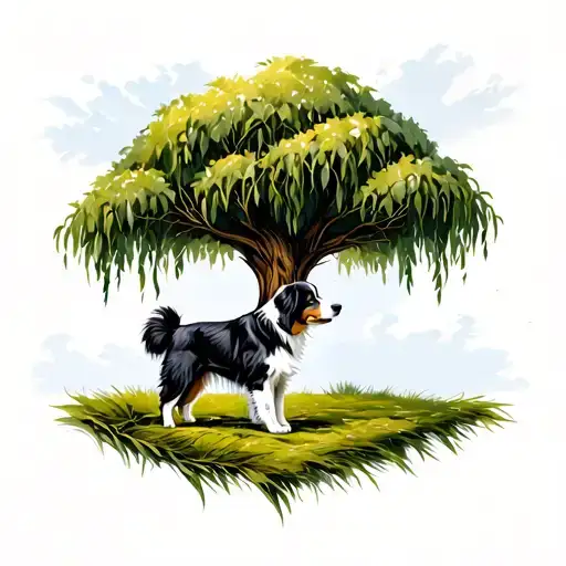 Australian Shepherd Under A Willow Tree Growing