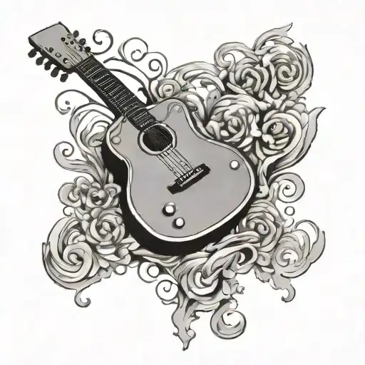 A Guitar Tattoo But The Neck Is Replaced With The Word Slavens