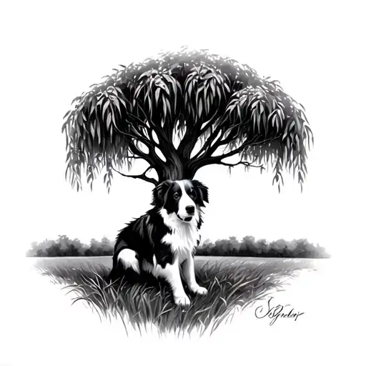 Australian Shepherd Under A Willow Tree Growing