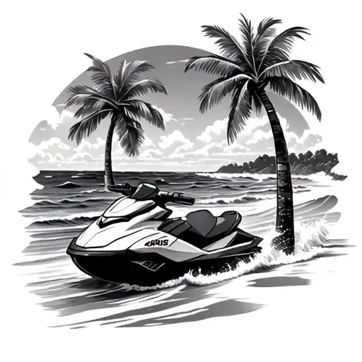 Jetski On A Beach With Palm And Waves Forming In The Distance