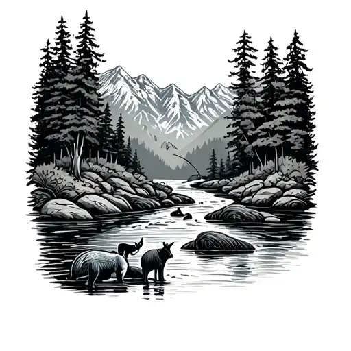 Mountain Stream With Animals And Fishing